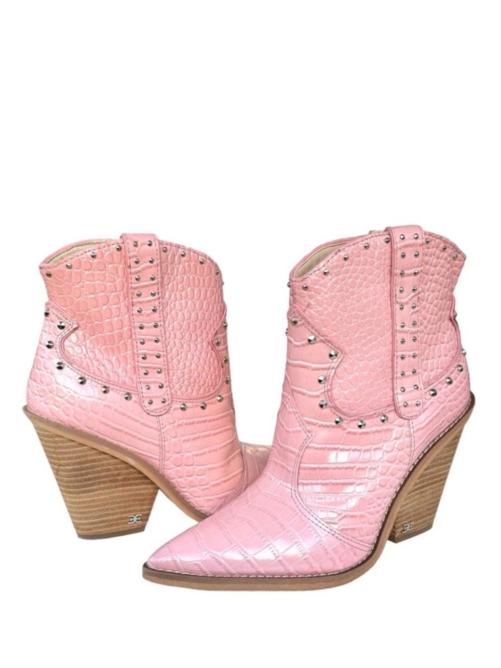 Sam Edelman Iris Pink Studded Crocodile Leather Western Cowboy Boots Women’s 6.5